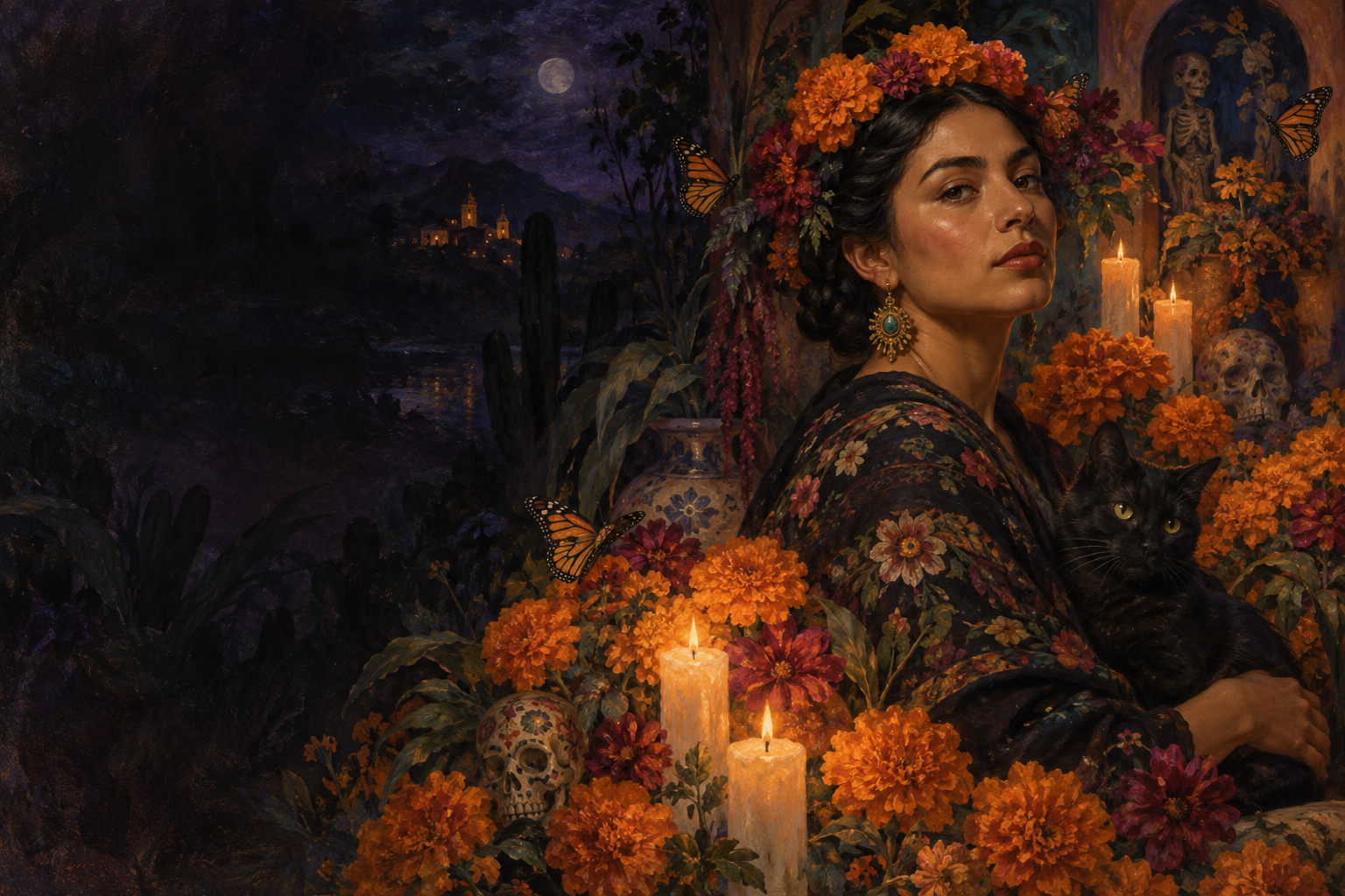Illustration of a woman surrounded by marigolds, butterflies, candles, and night-blooming plants